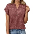 thumbnail image 1 of Bainana Shirts For Women Solid Color Short Sleeve Crew Neck Button Down Top Stylish Regular Fit Female Casual Wear Tee Shirts Red Size S, 1 of 5