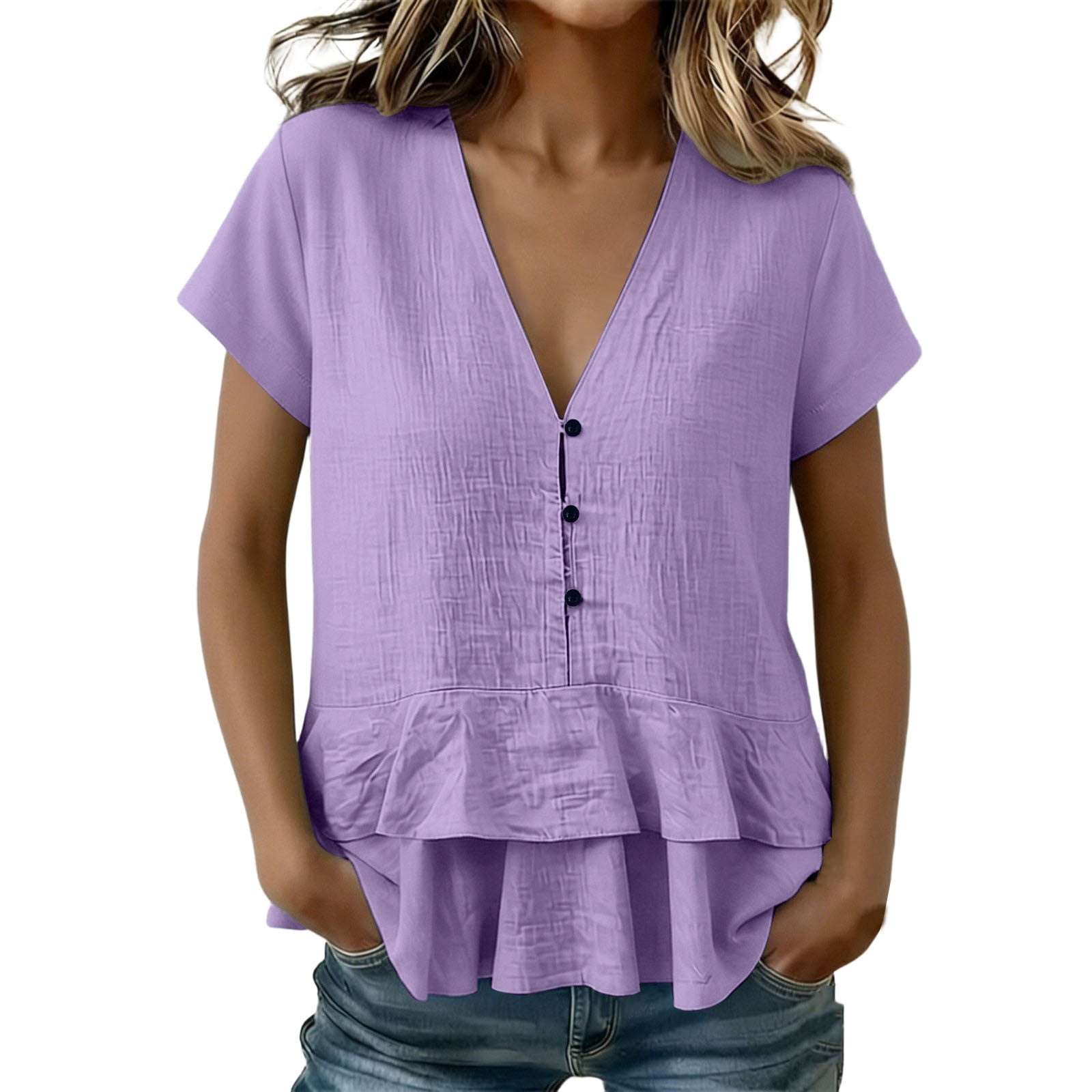 Bainana Shirts For Women Solid Color Short Sleeve V Neck Tops Ladies ...