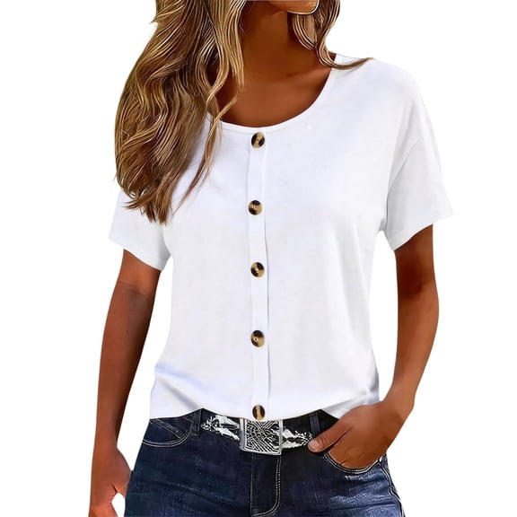 Bainana Short Sleeve Tops For Women Solid Color Button Detail Crewneck T Shirt Soft Casual Ladies Female Summer Comfort Fit Tees White Size S