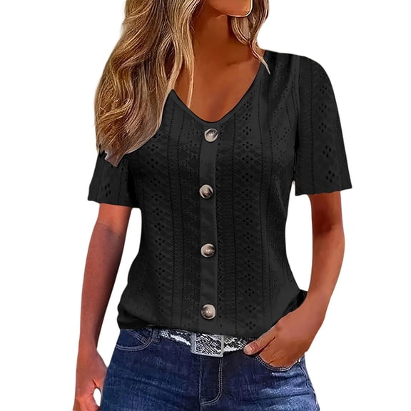 Bainana Short Sleeve Tops For Women Solid Color Button Detail V Neck T Shirt Soft Casual Ladies Female Summer Comfort Fit Tees Black Size Xxl