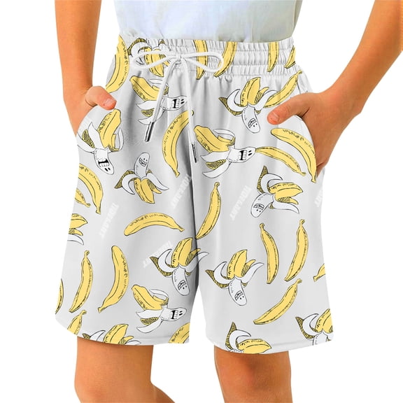 Bainana Shorts For Boys Child Cartoon Print Elastic Waist Straight Leg Shorty Breathable Soft Kids Summer Joggers Shorts 7-8 Years White