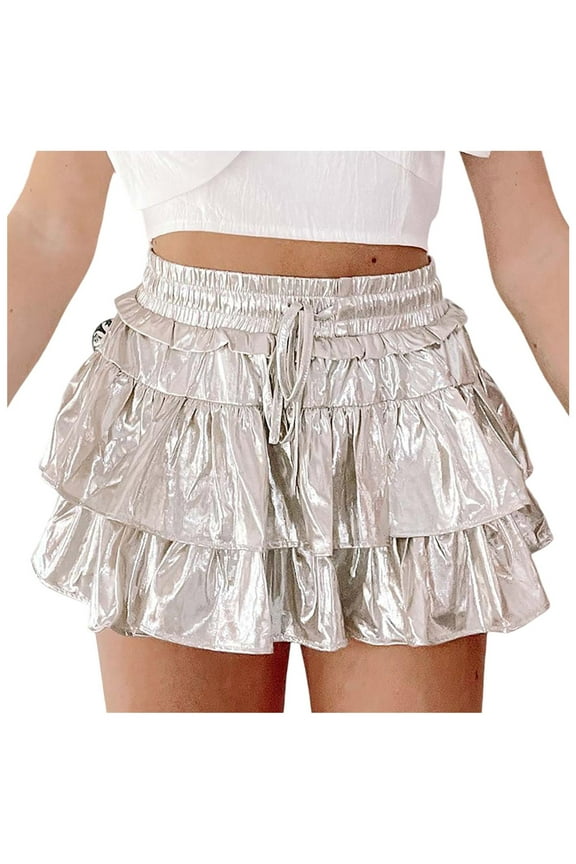 Silver Women'S Mini Skirt Sequin Solid Color Elastic Waist Layered Skirts Modern Stylish Ladies Carnival Festival Parties Street Casual Wear
