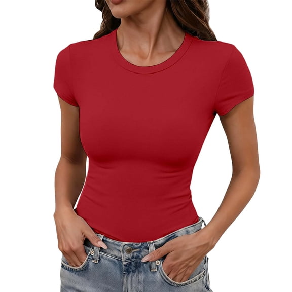 Bainana Solid Color Shirts For Women Short Sleeve Crew Neck Casual Tops Female Breathable Slim Fit Summer Outfits Red Size M