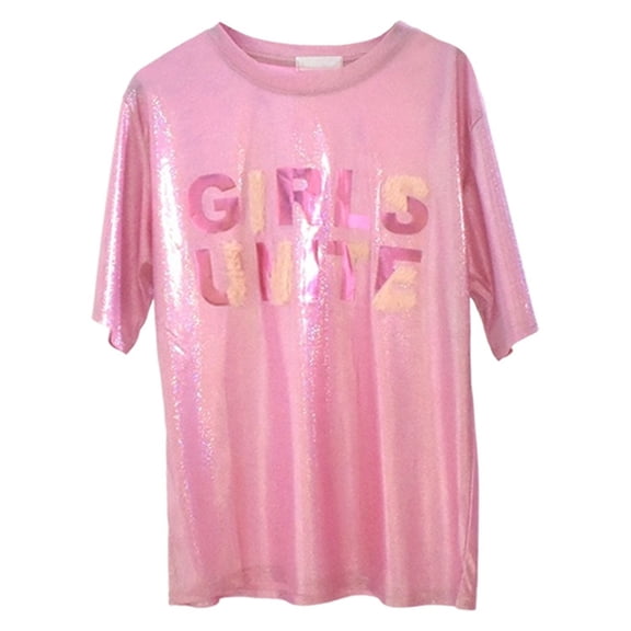 Bainana Sparkly Tshirt For Women Letter Print Pullover Fashion Tops Lightweight Stylish Female Short Sleeve Crew Neck Design Tee Pink Size Xxl