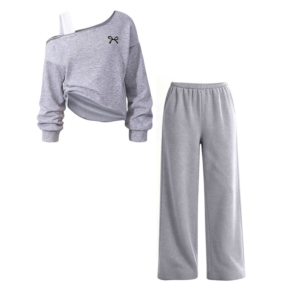 Bainana Sports Outfit Set For Girls Bow Print One Shoulder Sweatshirts And Pants Clothes Set Trendy Fall Winter Outfits For Kids Size 7-16 Years