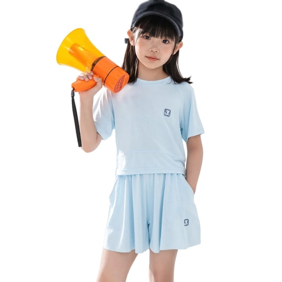 Bainana Sportwear Set For Big Girls Cartoon Print Short Sleeve Crew Neck Tops And Skirt Shorts Set Loose Casual Teen Youth Girls School Fitness Training Sport Wear Size 14-15 Years Sky Blue