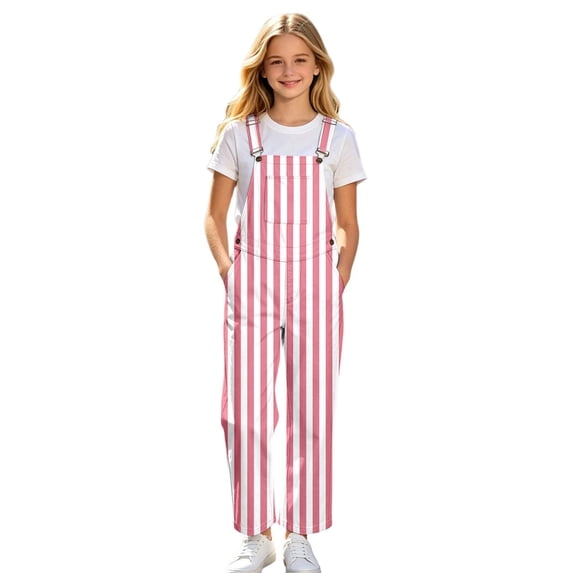 Bainana Striped Print Suspender Pants For Girls Adjustable Straps Straight Leg Twill Trousers Teen Youth Kids Trendy Casual Overalls Pants Size 13-14 Years Pink