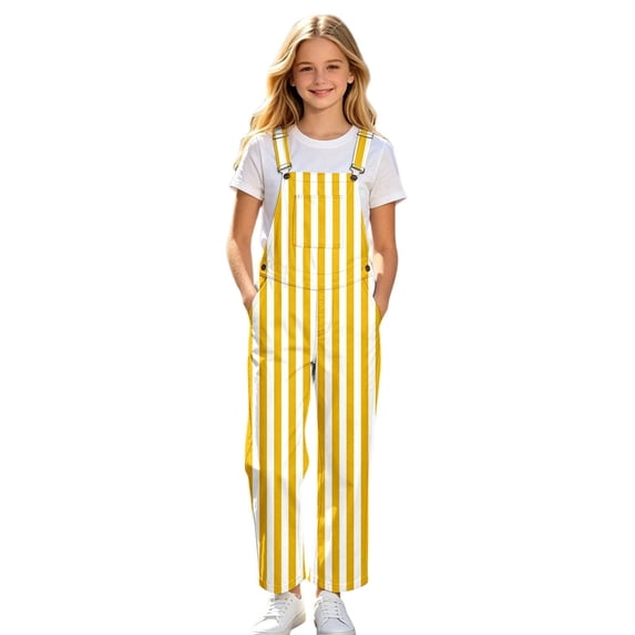 Bainana Striped Print Suspender Pants For Girls Adjustable Straps Straight Leg Twill Trousers Teen Youth Kids Trendy Casual Overalls Pants Size 7-8 Years Yellow