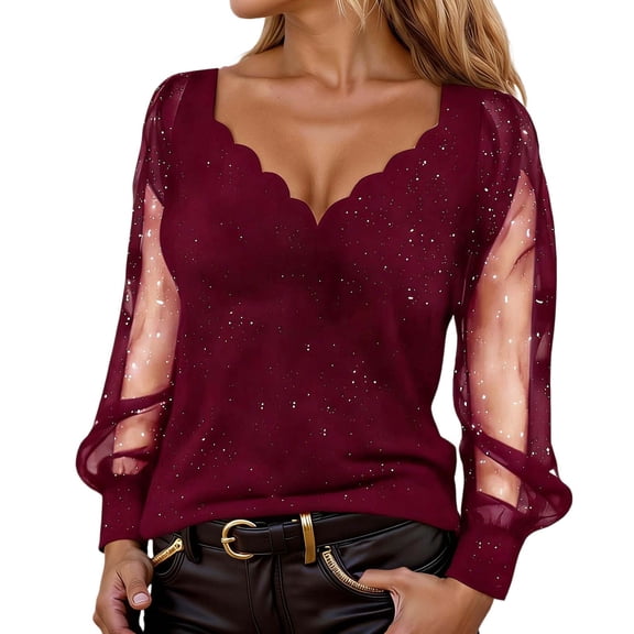 Bainana Stylish Tops For Women Sequin Solid Color Long Mesh Sleeve V Neck Shirt Fashion Comfortable Ladies Carnival Casual Wear Red Size L