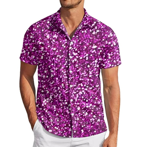Bainana Summer Carnival Sparkly Shirt For Men Sequin Print Short Sleeve Lapel Collar Tops Fashion Stylish Fit Men'S Mardi Gras Festival T-Shirt Hot Pink Size Xxl