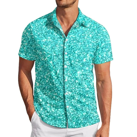 Bainana Summer Carnival Sparkly Shirt For Men Sequin Print Short Sleeve Lapel Collar Tops Fashion Stylish Fit Men'S Mardi Gras Festival T-Shirt Sky Blue Size Xxl