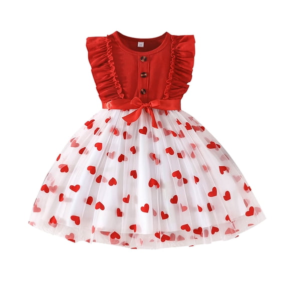 Bainana Summer Dress For Girls Valentine'S Day Floral Print With Puffed Sleeves Crew Neck And Waist Tie Dresses Little Kids Toddler Breathable Party Dress Red Size 7-8 Years