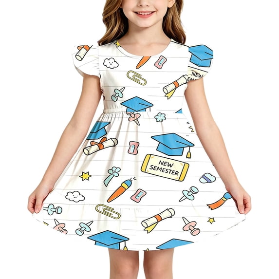 Bainana Summer Dresses For Child Girls Cartoon Print Fly Sleeve Crew Neck Dress Fashion Comfortable Kids Back To School Party Dress Size 8-9 Years Blue