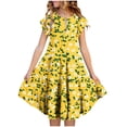 thumbnail image 1 of Bainana Summer Dresses For Girls Teen Tie Dye Floral Print Ruffled Sleeve Crew Neck Dress Breathable Casual Little Girls Holiday Party Street Wear Yellow Size 12-13 Years, 1 of 5