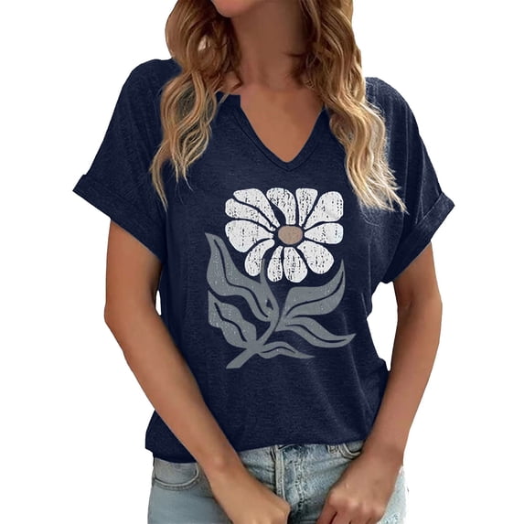 Bainana Summer Graphic T Shirt For Women Flower Print Short Sleeve V Neck Tops Soft Casual Ladies Holiday Work School Daily Wear Tee Navy Size Xxl