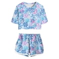 thumbnail image 1 of Bainana Summer Outfit Set For Girls Toddler Floral Print Short Sleeve Crew Neck Tops And Shorts Set Lightweight Breathable Little Girls Summer School Street Daily Wear Size 11-12 Years Blue, 1 of 4