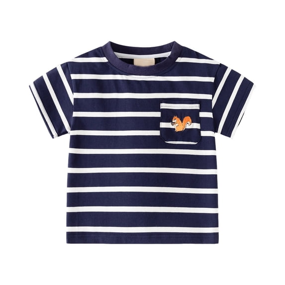 Bainana Summer T Shirts For Boys Toddler Striped Print Short Sleeve Crew Neck Tops Breathable Cute Little Boys School Holiday Playwear Shirts With Pocket Navy Size 18-24 Months