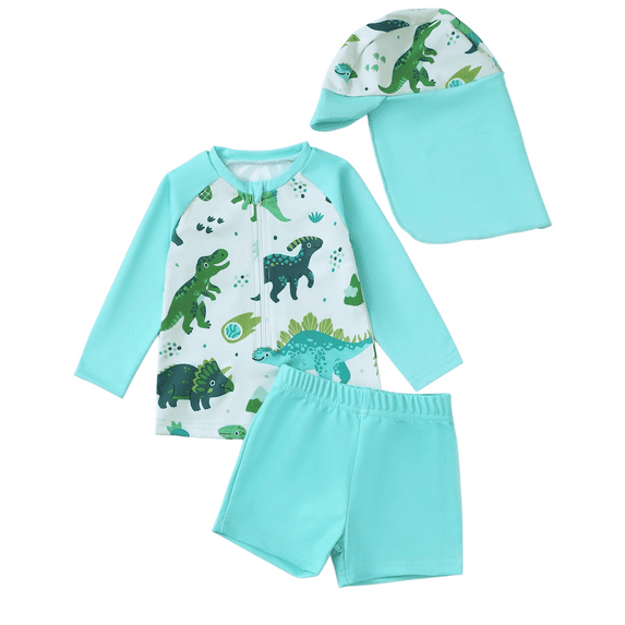 Bainana Swimwear For Boys Baby Set Cartoon Print Long Sleeve Crew Neck Swim Shirts And Trunks Swimsuit With Hat 3 Piece Outfit Toddler Casual Pool Bathing Suit Mint Green2 Size 18-24 Months