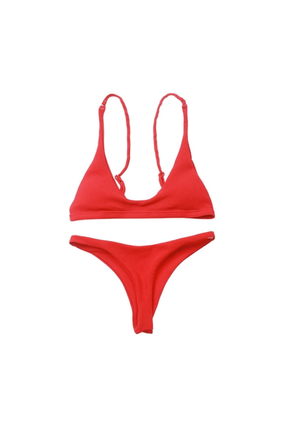 Swimwear For Women Solid Color Suspender Backless Bikini Tops And Thong Bottom Swimsuit Female Slim Fit Summer Seaside Beachwear Red Size M