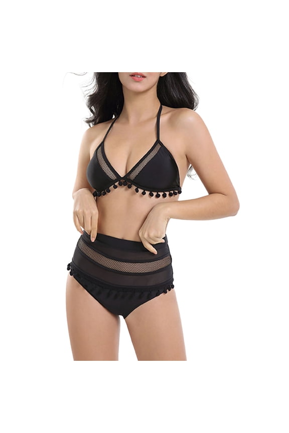 Swimwear For Women Striped Print Halter Tassel Bikini Tops And High Waisted Bottom Bathing Suit Female Relaxed Fit Summer Hawaii Swimsuit Black Size M