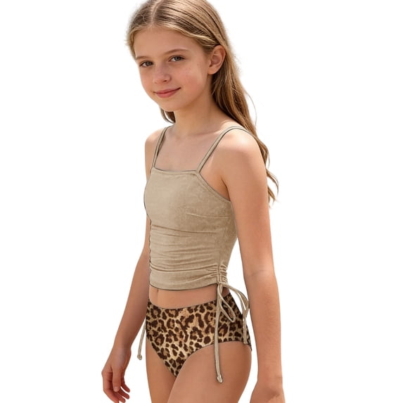 Bainana Girls Swimsuit Solid Color Tankini Tops And Leopard Print Bikini Bottom Swimwear Fashion Stylish Little Youth Girls Beach Pool Bathing Suit Khaki Size 13-14 Years