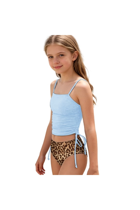 Teen Girls Swimsuit Solid Color Tankini Tops And Leopard Print Bikini Bottom Swimwear Fashion Stylish Little Youth Girls Beach Pool Bathing Suit Sky Blue Size 9-10 Years