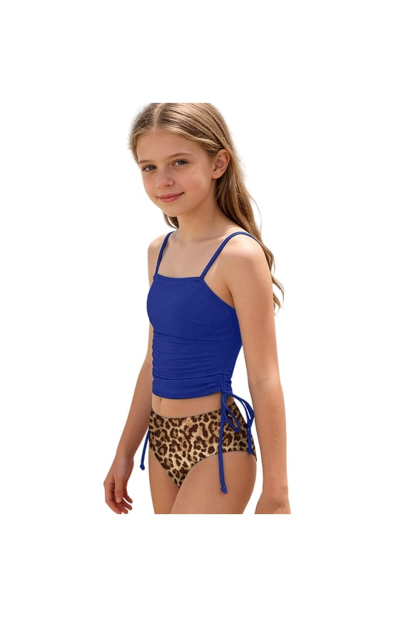 Teen Girls Swimsuit Solid Color Tankini Tops And Leopard Print Bikini Bottom Swimwear Fashion Stylish Little Youth Girls Beach Pool Bathing Suit Blue Size 11-12 Years