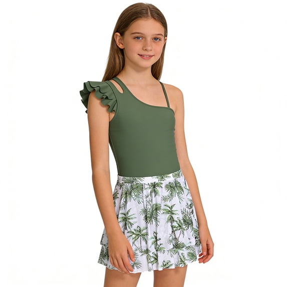 Bainana Teen Girls Tankini Set Solid Color Sleeveless Suspender Swim Tops And Floral Print Swim Skirt Swimsuit Fashion Comfortable Little Girls Summer Beachwear Army Green Size 9-10 Years