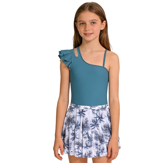 Bainana Teen Girls Tankini Set Solid Color Sleeveless Suspender Swim Tops And Floral Print Swim Skirt Swimsuit Fashion Comfortable Little Girls Summer Beachwear Navy Size 7-8 Years