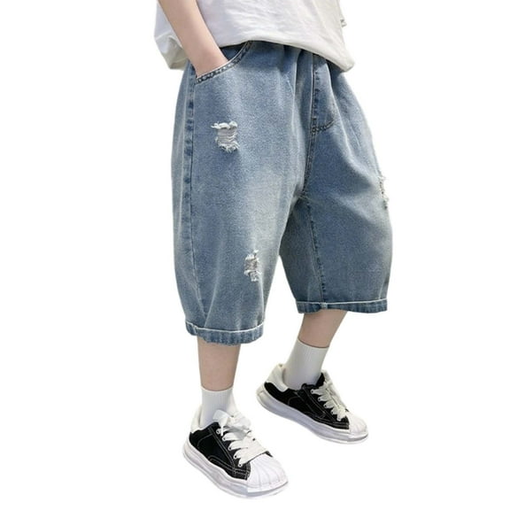 Bainana Toddler Boys Jeans Letter Print Elastic Waist Straight Leg Shorts Casual Comfortable Summer Boys Denim Shorts 8-9 Years Navy