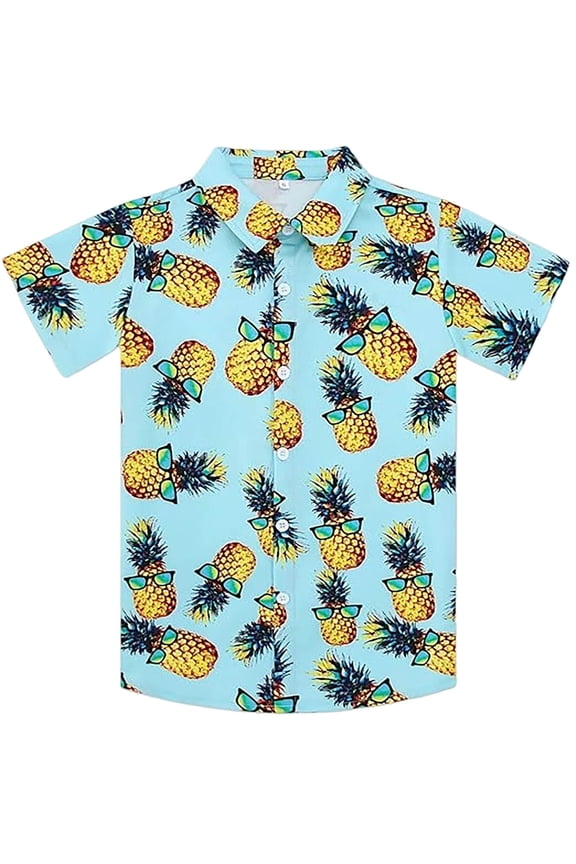 Toddler Boys Shirts Pineapple Print Short Sleeve Lapel Collar Tops Little Kids Button Down Comfort Fit Shirts Light Blue Size 2-3 Years