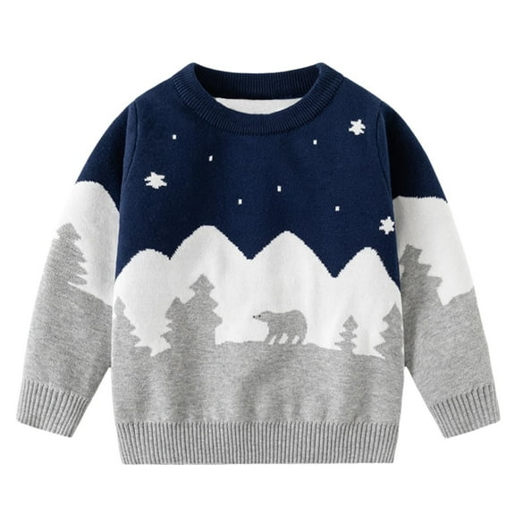 Bainana Toddler Boys Sweater Snow Motain Bear Print Long Sleeve Crew Neck Sweatshirt Thick Warm Winter Kids Pullover Tops Navy Size 3-4 Years
