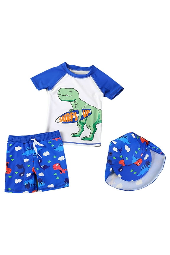 Toddler Boys Three Piece Swimwear Dinosaur Print Short Sleeve Crew Neck Swin Shirts And Trunks Bathing Suit Little Kids Lightweight Hawaii Swimsuit Blue Size 5-6 Years