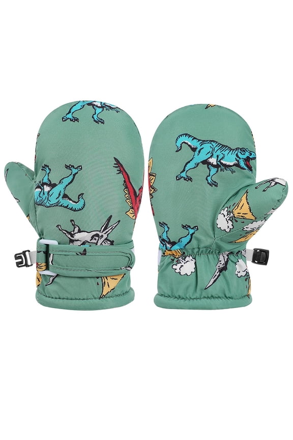 Toddler Cartoon Print Mittens Skiing Gloves Full Finger Stretchy Snowgloves Cute Comfortable Child Girls Boys Winter Mittens Dark Green Size 6-24 Months