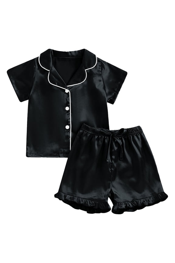 Toddler Girls 2 Pieces Sleep Outfit Set Solid Color Short Sleeve Button Down Shirts And Shorts Set Loose Casual Little Girls Summer Indoor Daily Loungewear Size 4-5 Years Black