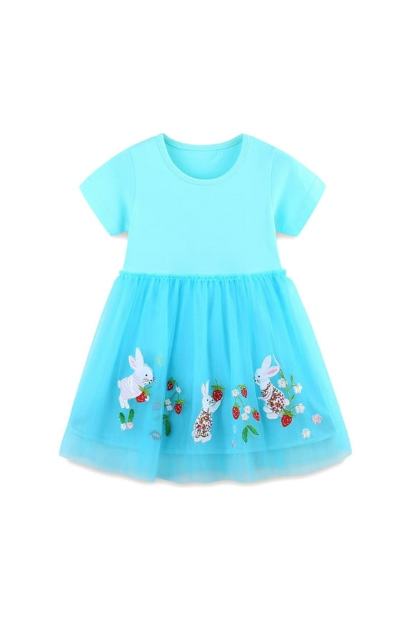 Toddler Girls Easter Summer Dress Bunny Print Short Sleeve Crew Neck Dresses Fashion Cute Little Girls Festival Mesh Dress Sky Blue Size 3-4 Years