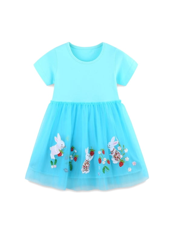 Toddler Girls Easter Summer Dress Bunny Print Short Sleeve Crew Neck Dresses Fashion Cute Little Girls Festival Mesh Dress Sky Blue Size 4-5 Years