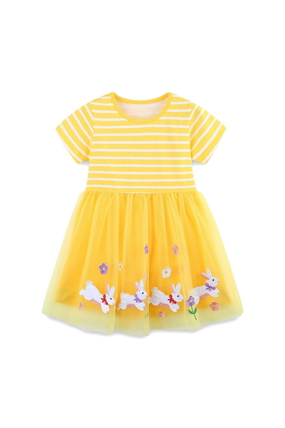 Toddler Girls Easter Summer Dress Bunny Print Short Sleeve Crew Neck Dresses Fashion Cute Little Girls Festival Mesh Dress Yellow Size 6-7 Years