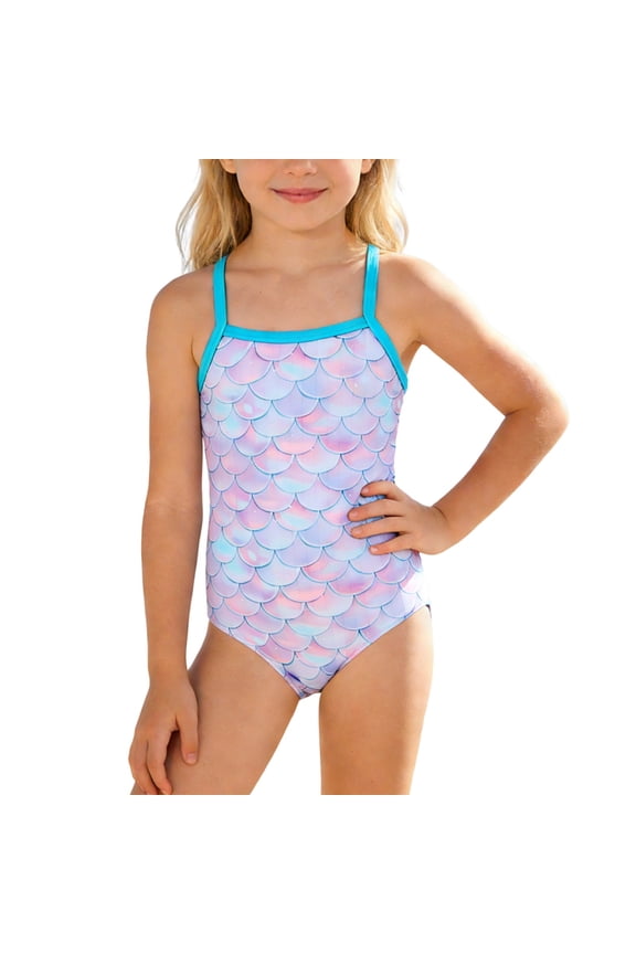Toddler Girls One-Pieces Swimwear Scale Print Sleeveless Crew Neck Swimsuit Youth Teen Girls Practice Swimming Daily Pool Bathing Suit Light Purple Size 5-6 Years