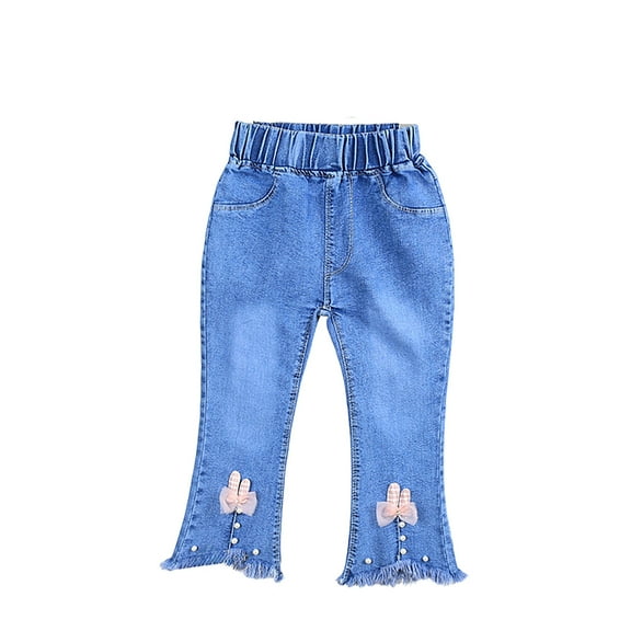 Bainana Toddler Girls Pants Bowknot Print Elastic Waist Flare Leg Trousers Cute Breathable Autumn Winter Girls Denim Trousers Blue1 Size 5-6 Years
