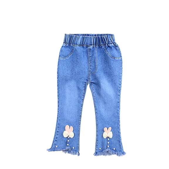 Bainana Toddler Girls Pants Bowknot Print Elastic Waist Flare Leg Trousers Cute Breathable Autumn Winter Girls Denim Trousers Blue4 Size 5-6 Years