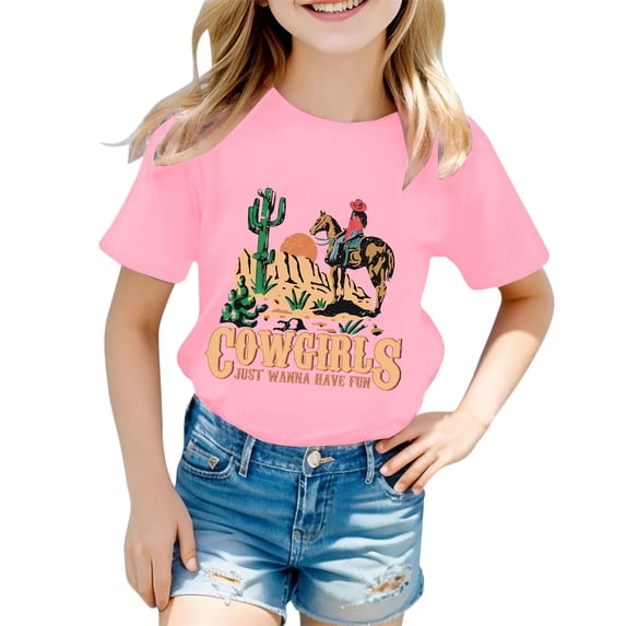 Bainana Toddler Girls Summer Tshirts Letter Print Short Sleeve Crew Neck Tops Lightweight Soft Little Girls Festival Party Playwear Outfits Pink2 Size 8-9 Years