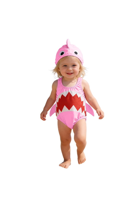 Toddler Girls Swimwear Summer Cartoon Shark Print Sleeveless Crew Neck One-Pieces Bikini With Hat Set Baby Infant Comfort Holiday Swim Wear Pink Size 18-24 Months