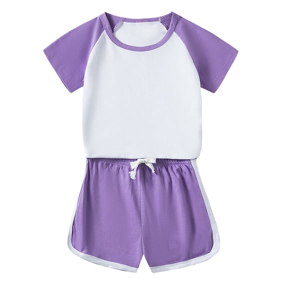 Bainana Toddler Outfit Set For Girls Summer Color Block Short Sleeve Crew Neck Tops And Shorts Set Fashion Stylish Little Girls Summer School Sport Athletic Wear Size 5-6 Years Purple