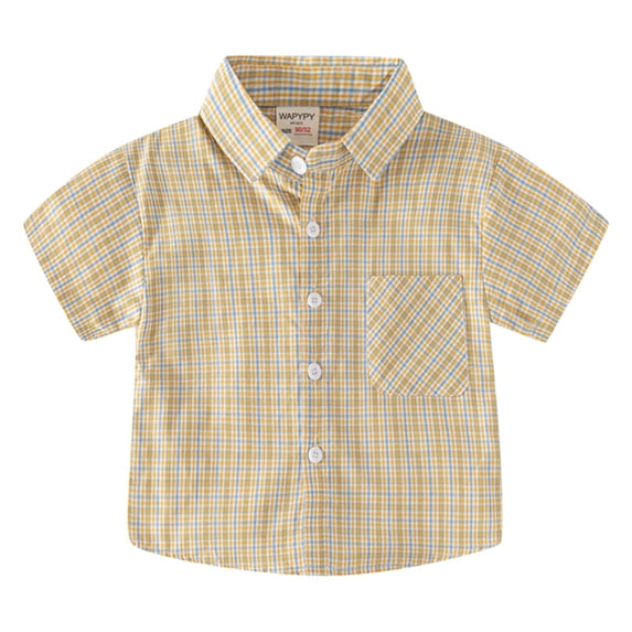 Bainana Toddler Shirts For Boys Plaid Print Short Sleeve Lapel Collar Button Down Tops Breathable Leisure Little Boys Summer Holiday School Casual Wear Yellow Size 2-3 Years