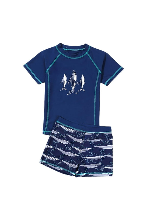 Toddler Swimwear Boys' Sun Swim Set Shark Print Short Sleeve Crew Neck Swim Shirts And Trunks Bathing Suit Big Kids Boys Soft Seaside Swim Wear Navy Size Xl