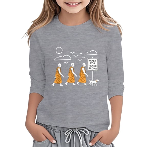 Bainana Toddler Tshirt For Girls Cartoon Print Long Sleeve Crew Neck Tops Breathable Casual Teen Girls Youth Summer Pullover Festival Clothes Grey Size 4-5 Years