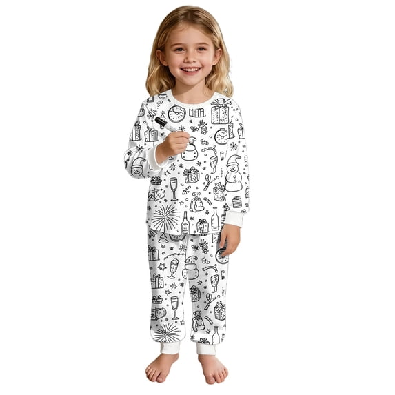 Bainana Unisex Kids Christmas Diy Pajamas Cartoon Print Long Sleeve T-Shirt Pants Sleepwear Boys And Girls Theme Party Clothes Set, Size 2-3 Years