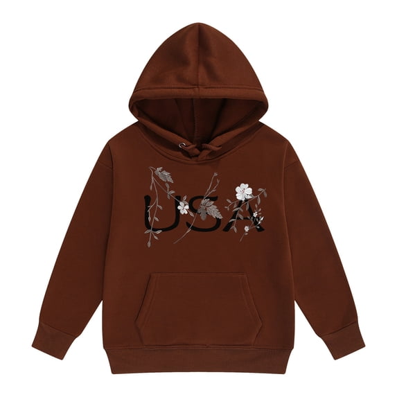 Bainana Usa Sweatshirts For Kids Girls Letter Print Long Sleeve Hooded Sweatshirts Warm Teen Child Daily Active Tops Clothes Coffee Size 2-3 Years