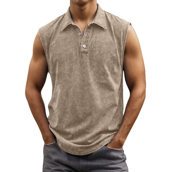 Bainana Washed Collar Tank Tops For Mens Regular Fit Sleeveless Button Up Muscle Shirts Summer Running Beach Gentleman Vest Khaki Size S